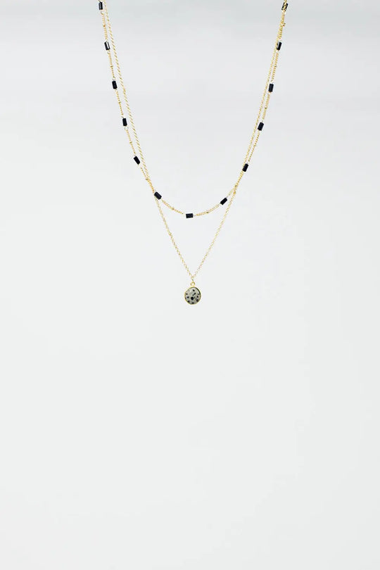 Short 2 in 1 Gold Necklace with Black Beads and White Marbled Stone. - GOLD