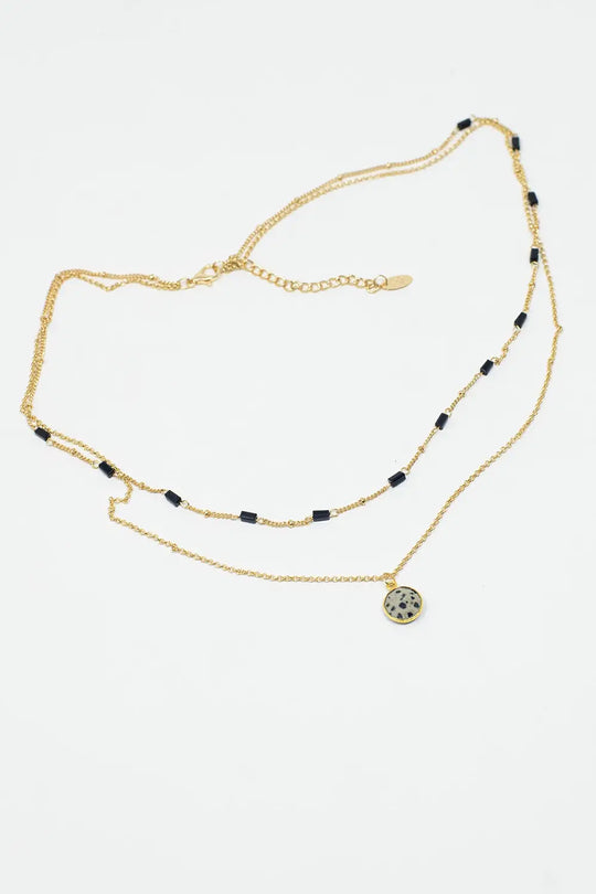 Short 2 in 1 Gold Necklace with Black Beads and White Marbled Stone. - GOLD