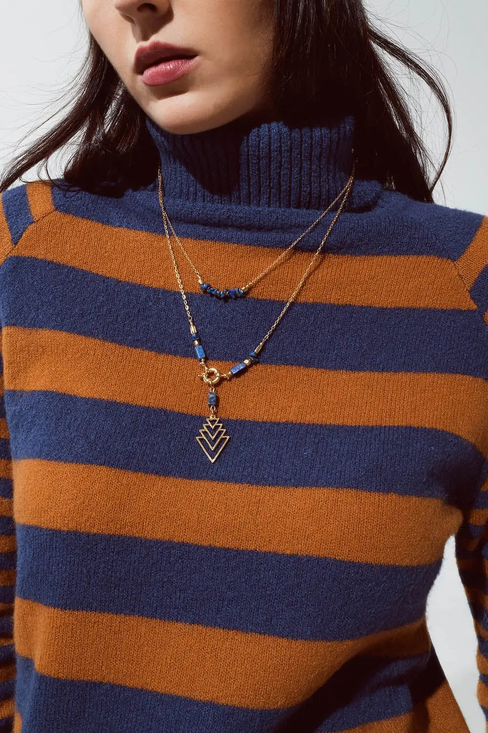 2 in 1 Long Gold Necklace With Blue Beads - GOLD