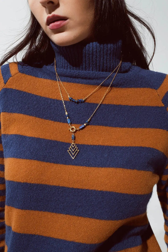 2 in 1 Long Gold Necklace With Blue Beads - GOLD