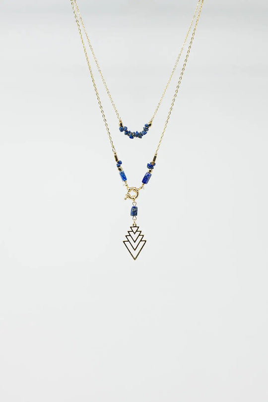 2 in 1 Long Gold Necklace With Blue Beads - GOLD