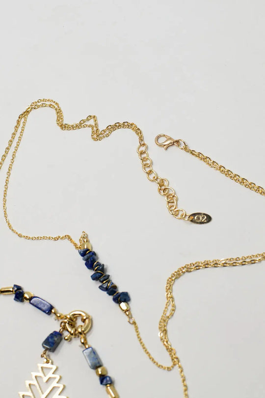 2 in 1 Long Gold Necklace With Blue Beads - GOLD