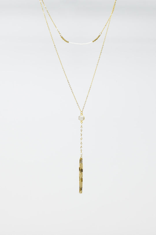 Long 2 in 1 gold necklace with bead details