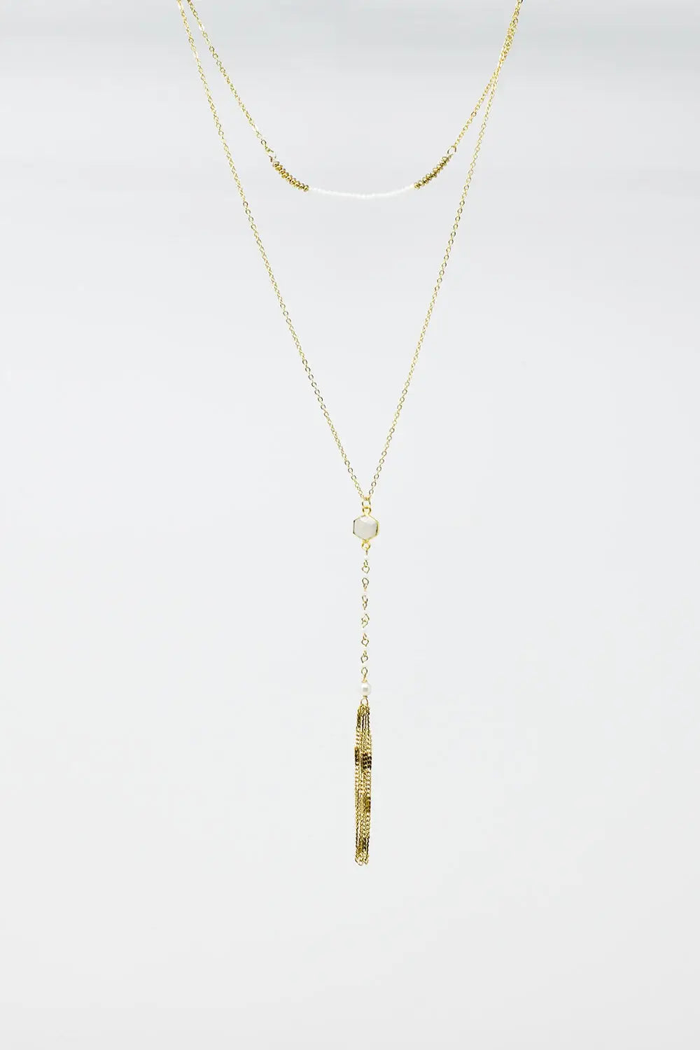 Long 2 in 1 gold necklace with bead details - GOLD