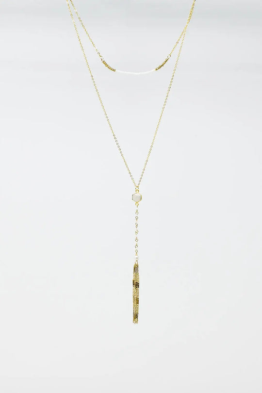 Long 2 in 1 gold necklace with bead details - GOLD