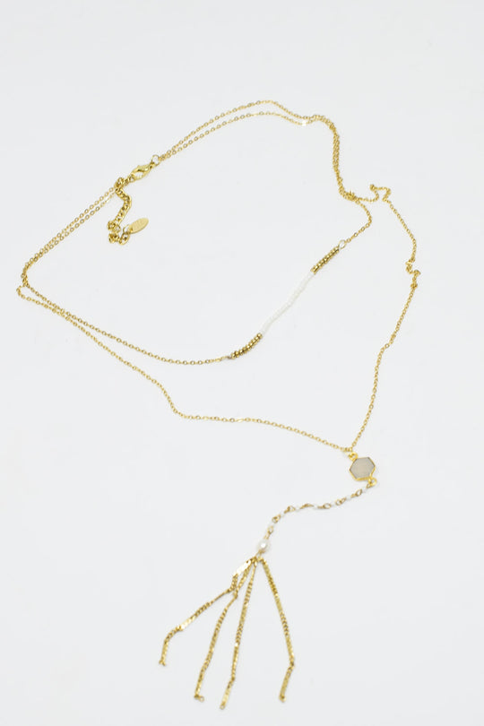 Long 2 in 1 gold necklace with bead details