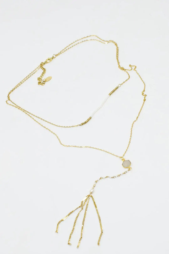 Long 2 in 1 gold necklace with bead details - GOLD
