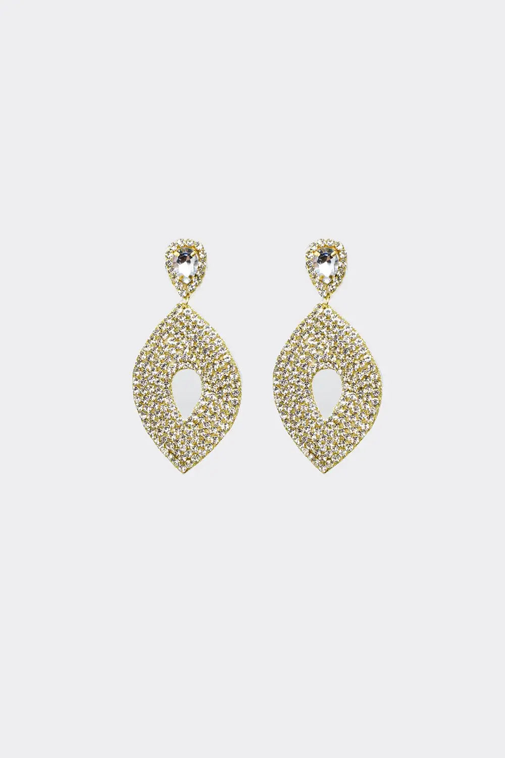 Long Rhomboid Earings With Big Center Jewel and Strass Details - GOLD / ONE - Earrings
