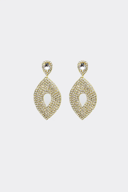 Long Rhomboid Earings With Big Center Jewel and Strass Details - GOLD / ONE - Earrings