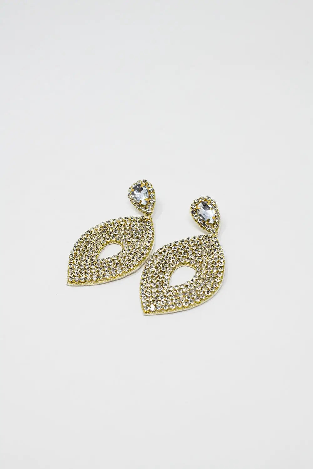 Long Rhomboid Earings With Big Center Jewel and Strass Details - GOLD / ONE - Earrings