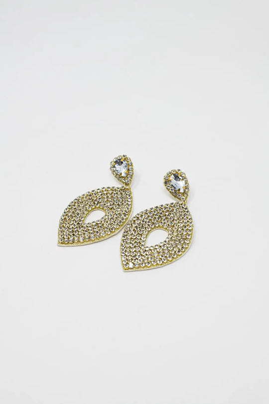 Long Rhomboid Earings With Big Center Jewel and Strass Details - GOLD / ONE - Earrings