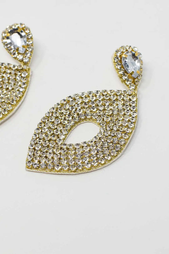 Long Rhomboid Earings With Big Center Jewel and Strass Details - GOLD / ONE - Earrings