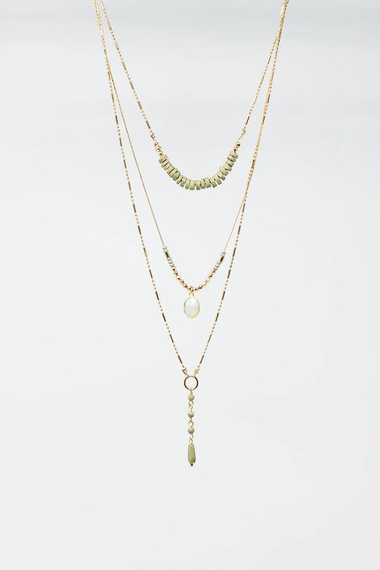3 in 1 Necklace With white and Green Beads - GOLD