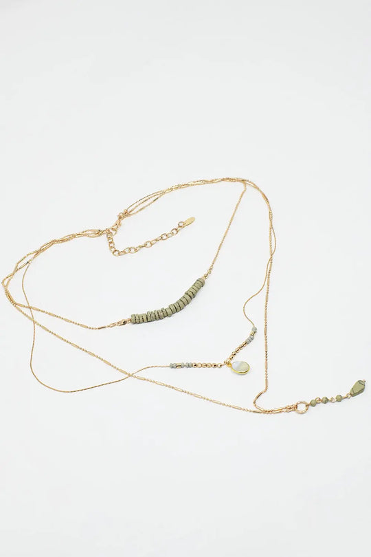 3 in 1 Necklace With white and Green Beads - GOLD