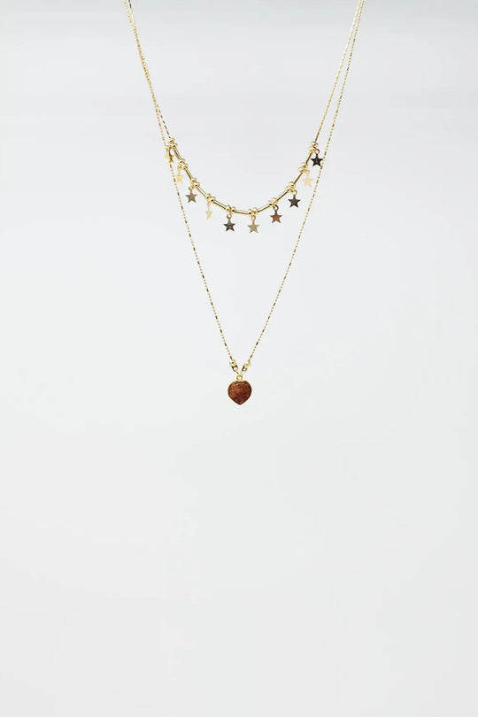 2 in 1 Necklace with Star and Heart Charms - GOLD