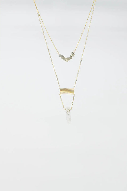 2 in 1 Necklace with Grey and White Crystals - GOLD