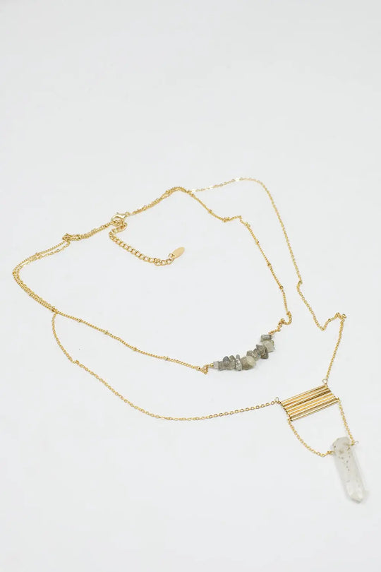 2 in 1 Necklace with Grey and White Crystals - GOLD