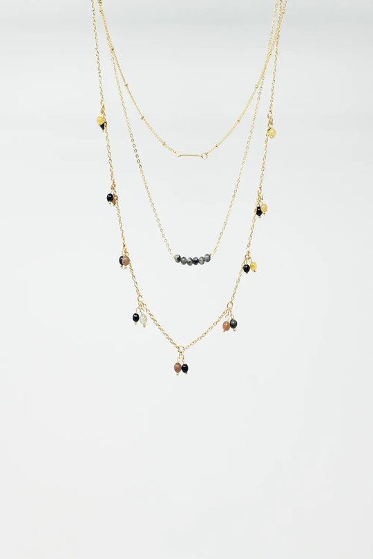 3 in 1 Necklace With Multicolor Beads and Golden Details - GOLD