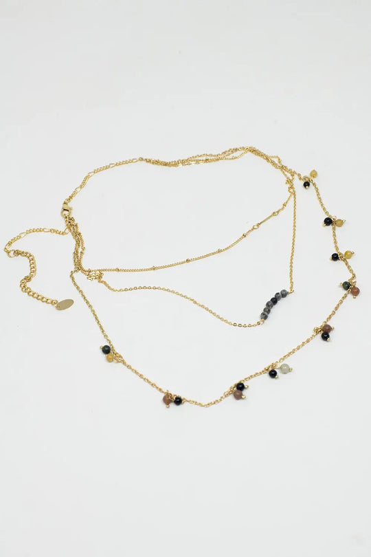 3 in 1 Necklace With Multicolor Beads and Golden Details - GOLD