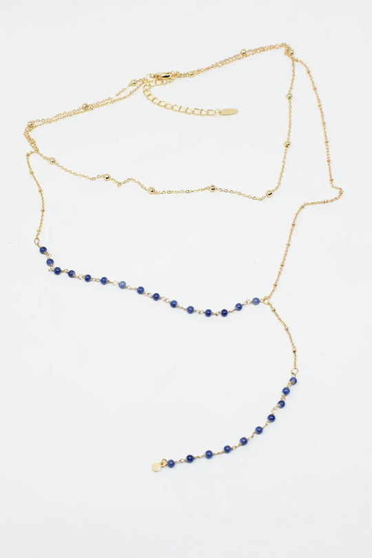2 in 1 Necklace with Blue and Golden Beads - GOLD
