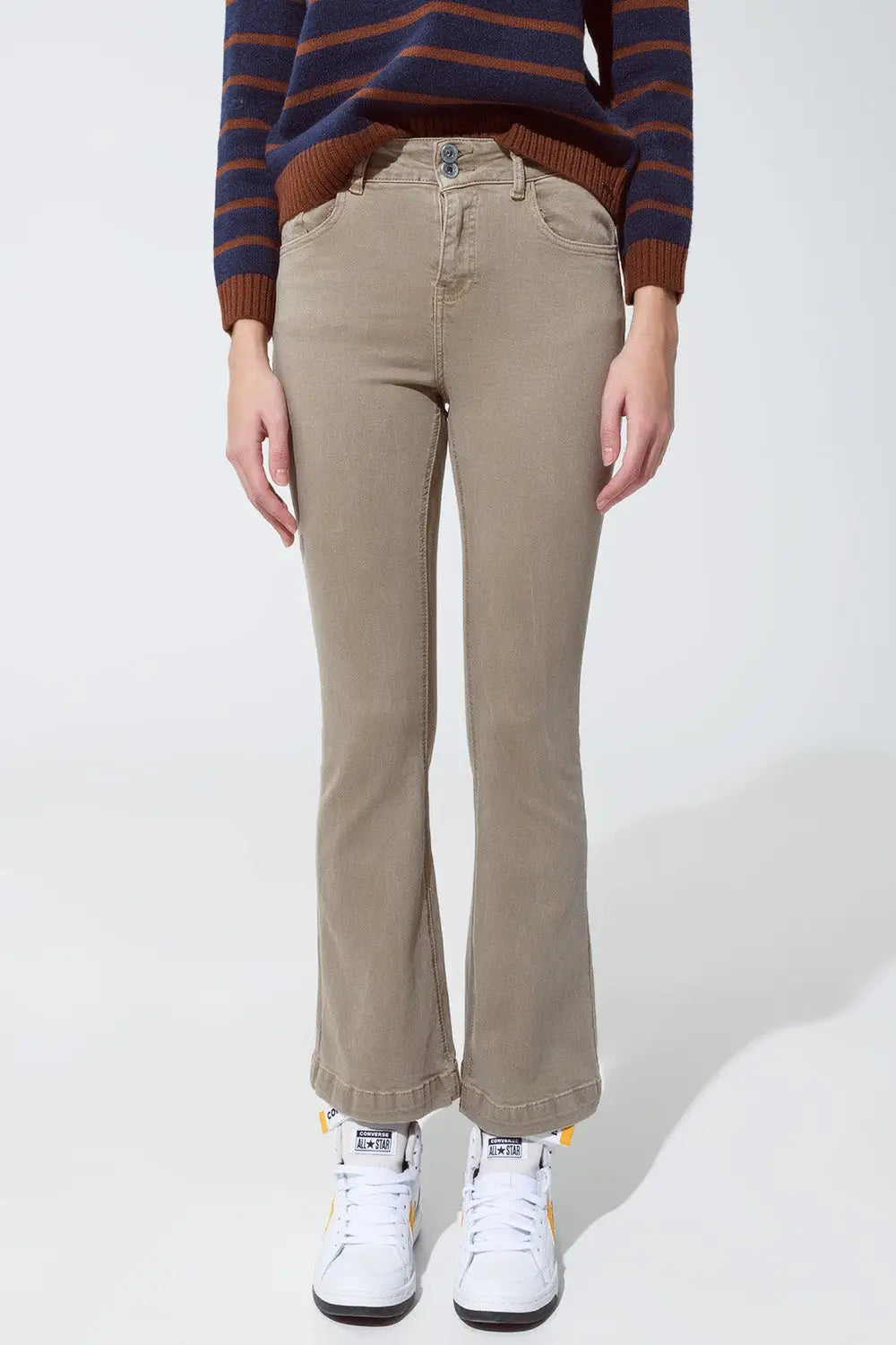 Skinny Flared Jeans With Double Button Detail in Beige - Colored Jeans