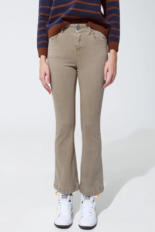 Skinny Flared Jeans With Double Button Detail in Beige - Colored Jeans