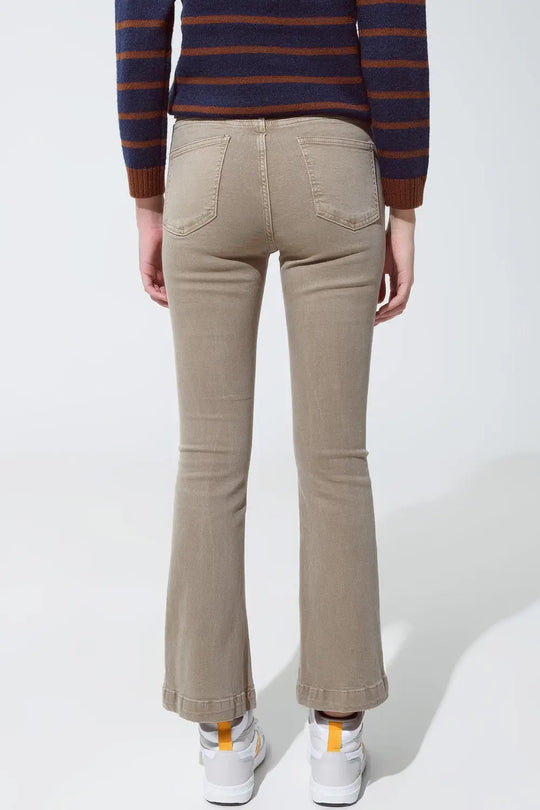 Skinny Flared Jeans With Double Button Detail in Beige - Colored Jeans