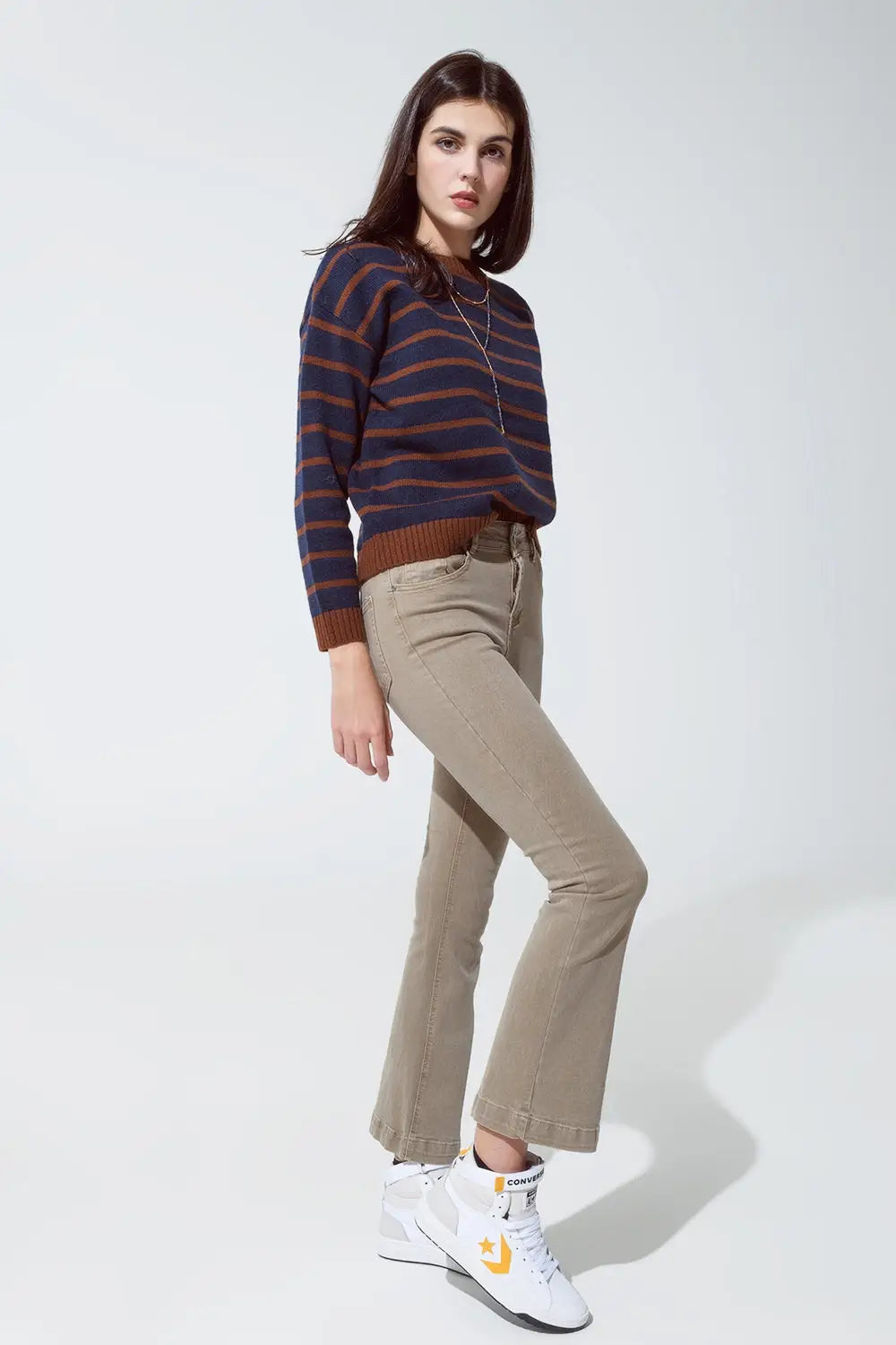 Skinny Flared Jeans With Double Button Detail in Beige - Colored Jeans