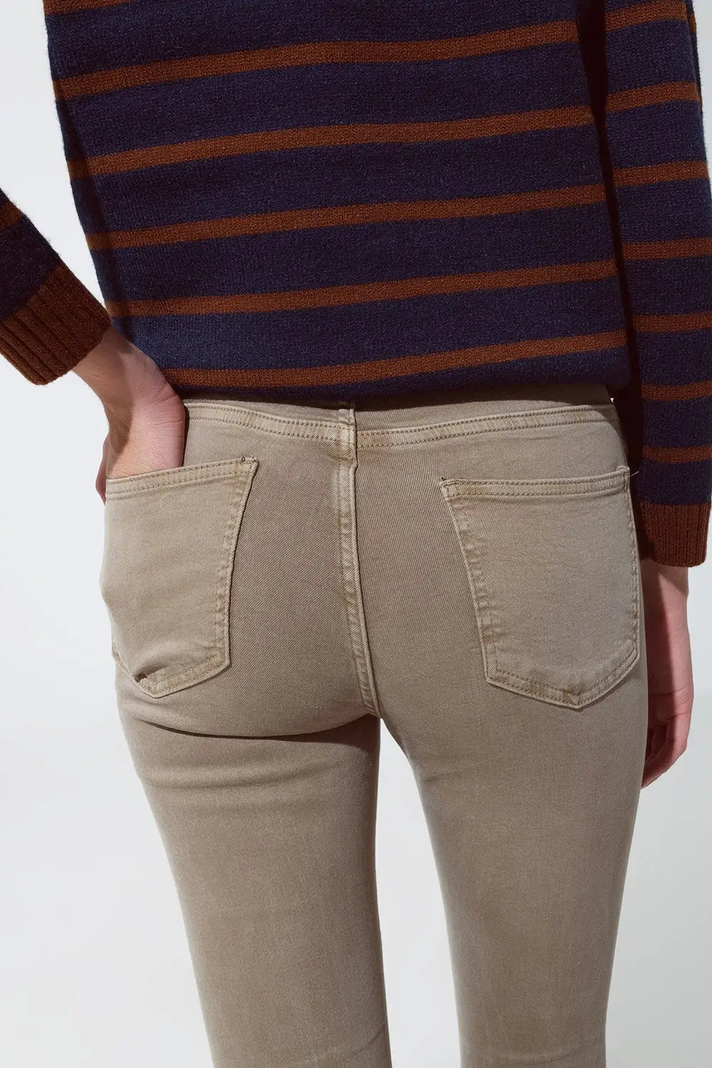 Skinny Flared Jeans With Double Button Detail in Beige - Colored Jeans