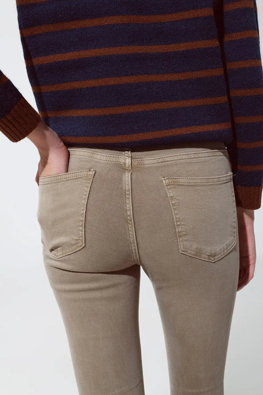 Skinny Flared Jeans With Double Button Detail in Beige - Colored Jeans