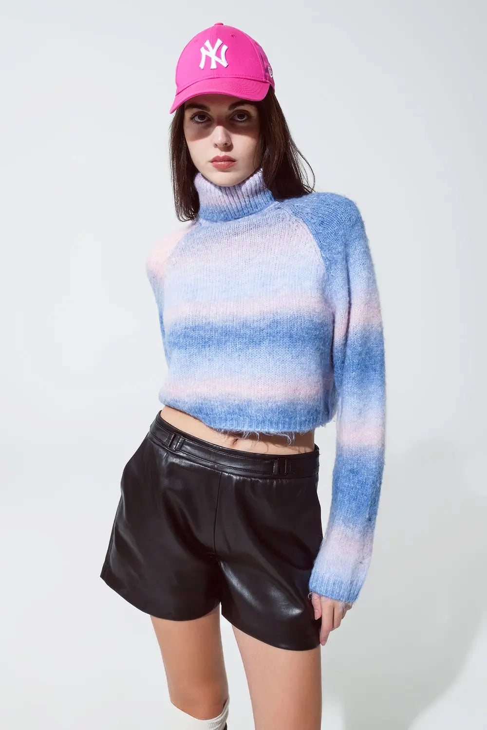 Turtleneck Sweater in Fluffy Knit in Blue And Pink Degrade - Sweaters
