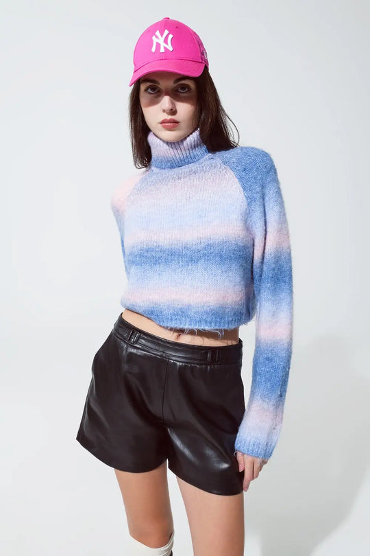 Turtleneck Sweater in Fluffy Knit in Blue And Pink Degrade - Sweaters