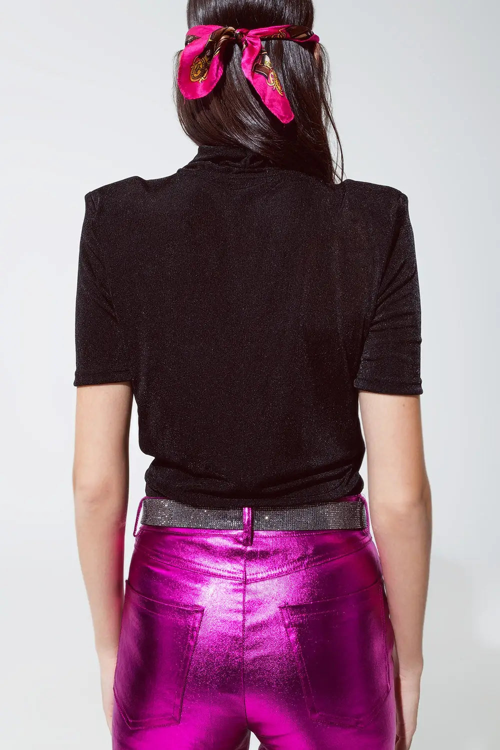 Black shiny wrap short sleeve Vneck top - Tops