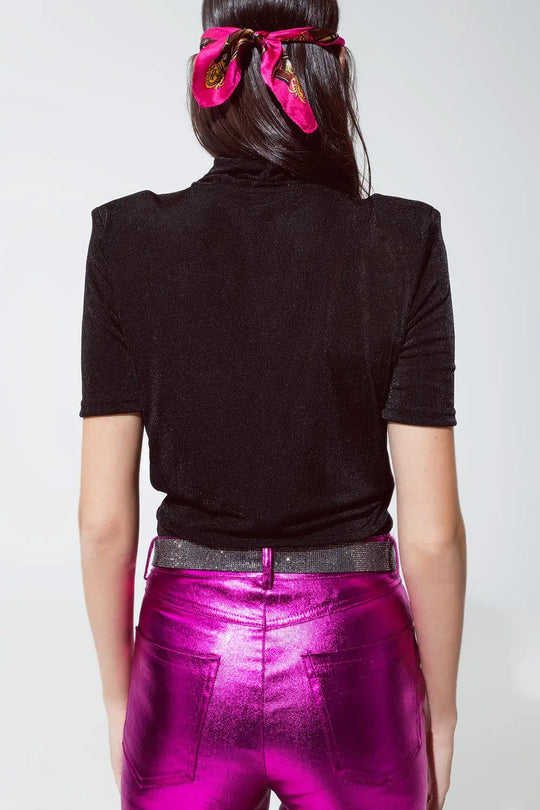 Black shiny wrap short sleeve Vneck top - Tops