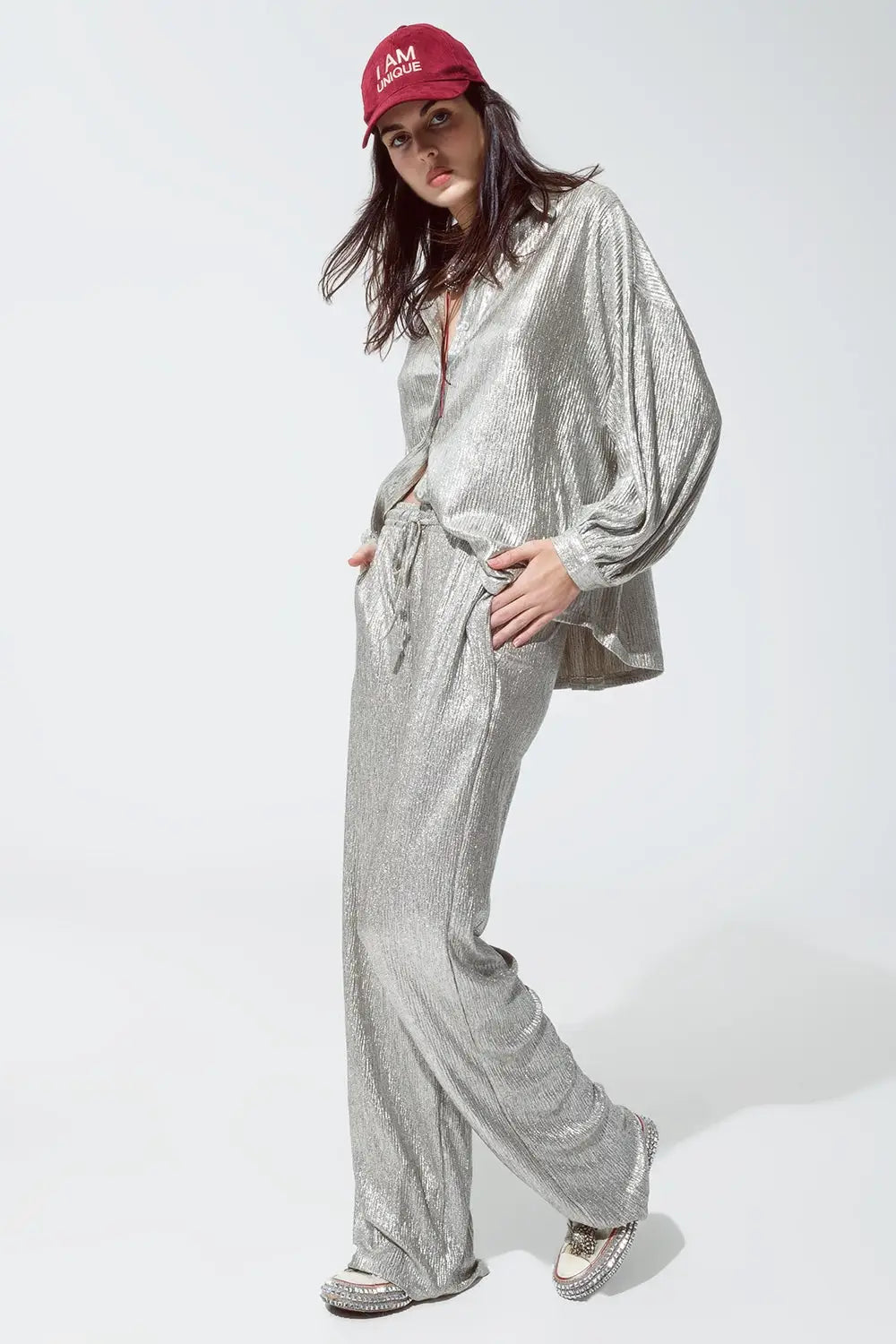 Relaxed Fit Button Down Shirt With Balloon Sleeves in Silver - Shirts