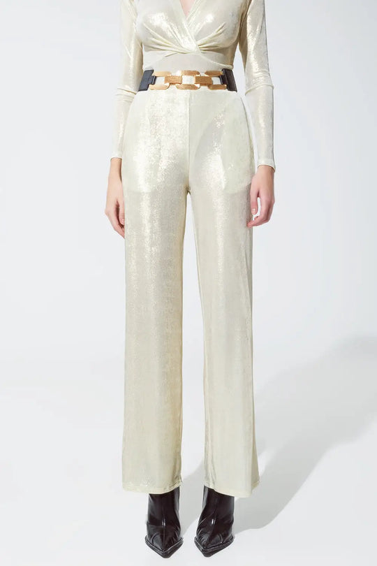 Metallic Finish Flared Legging in Pearl White. - Pants