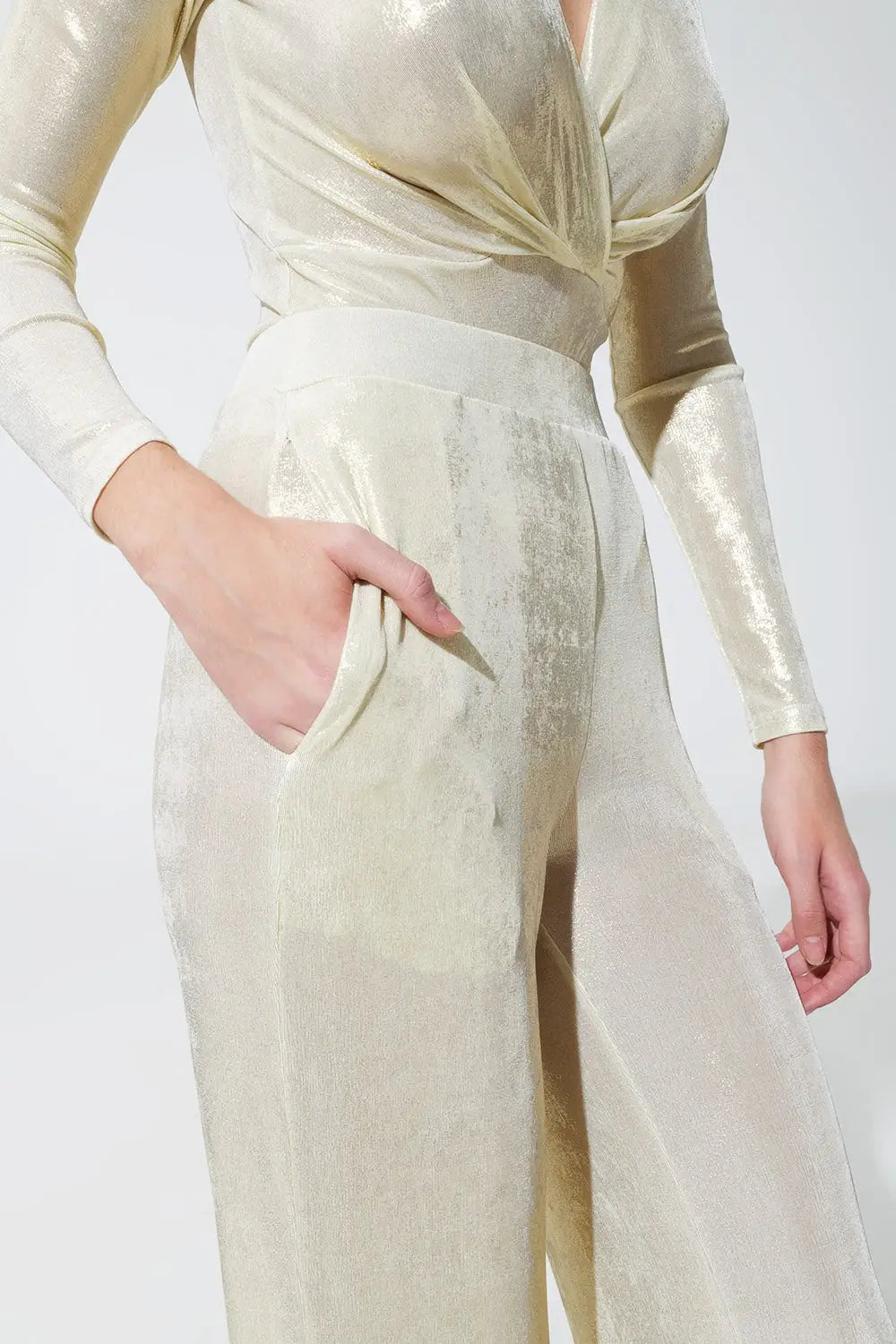 Metallic Finish Flared Legging in Pearl White. - Pants