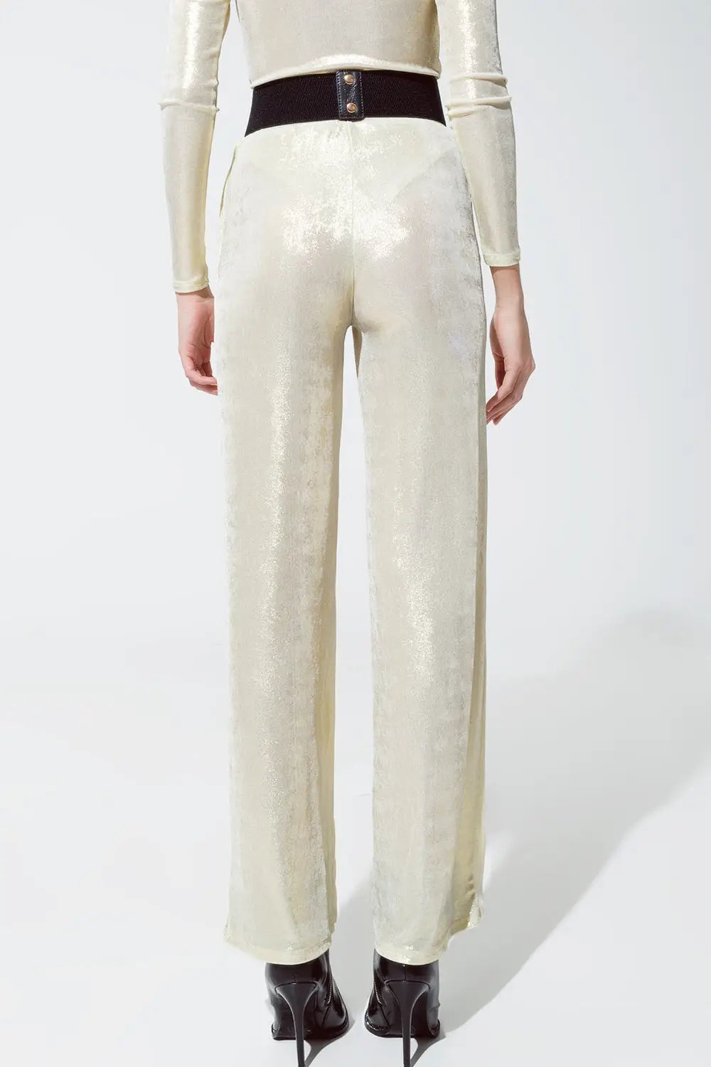 Metallic Finish Flared Legging in Pearl White. - Pants