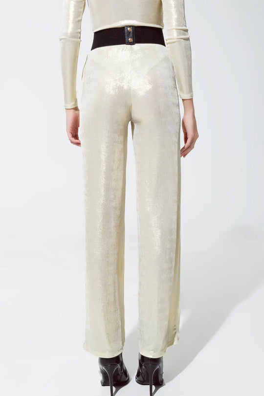 Metallic Finish Flared Legging in Pearl White. - Pants