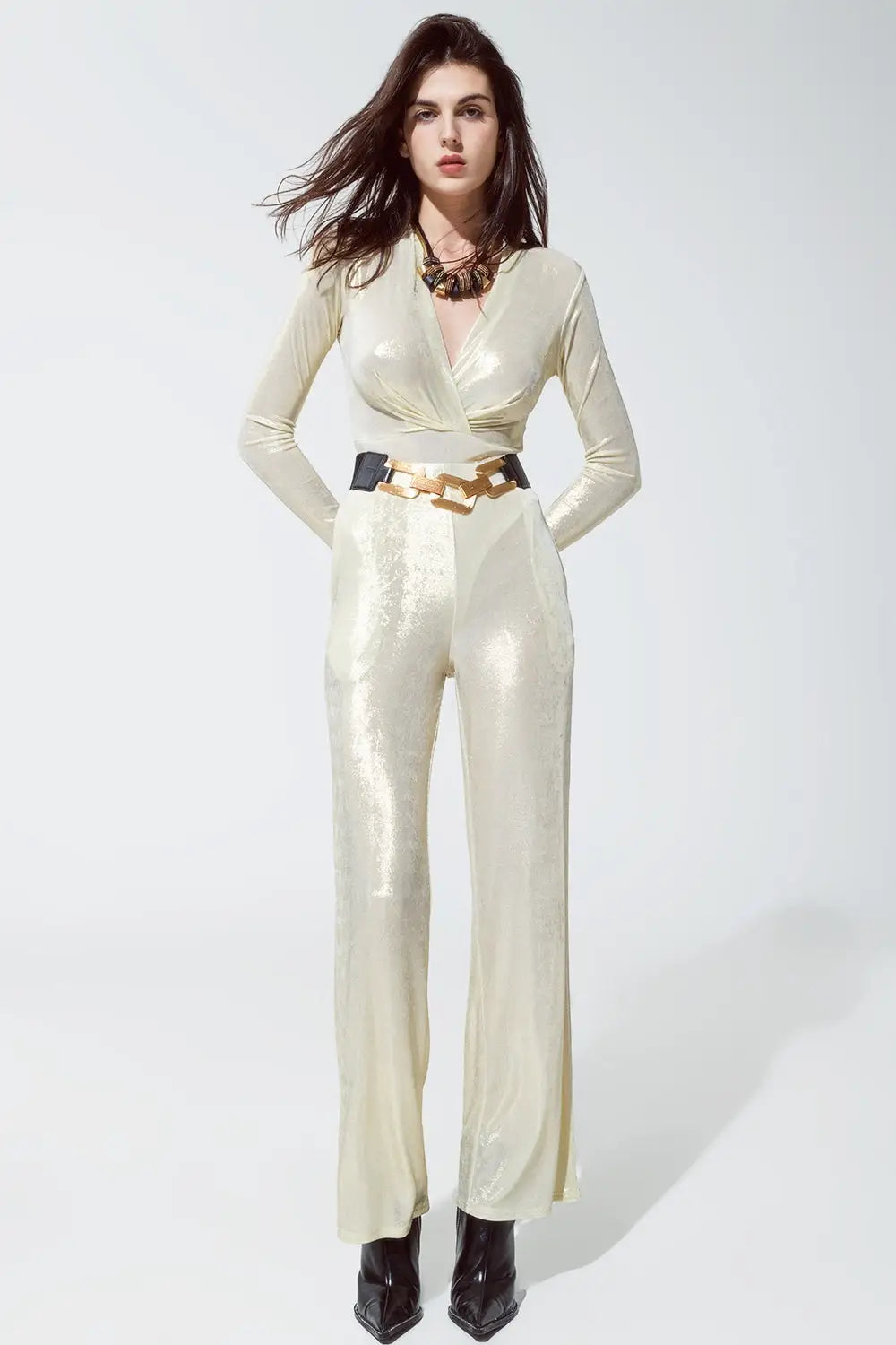 Metallic Finish Flared Legging in Pearl White. - Pants
