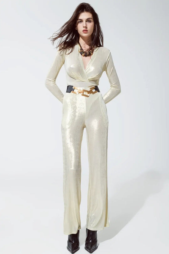 Metallic Finish Flared Legging in Pearl White. - Pants