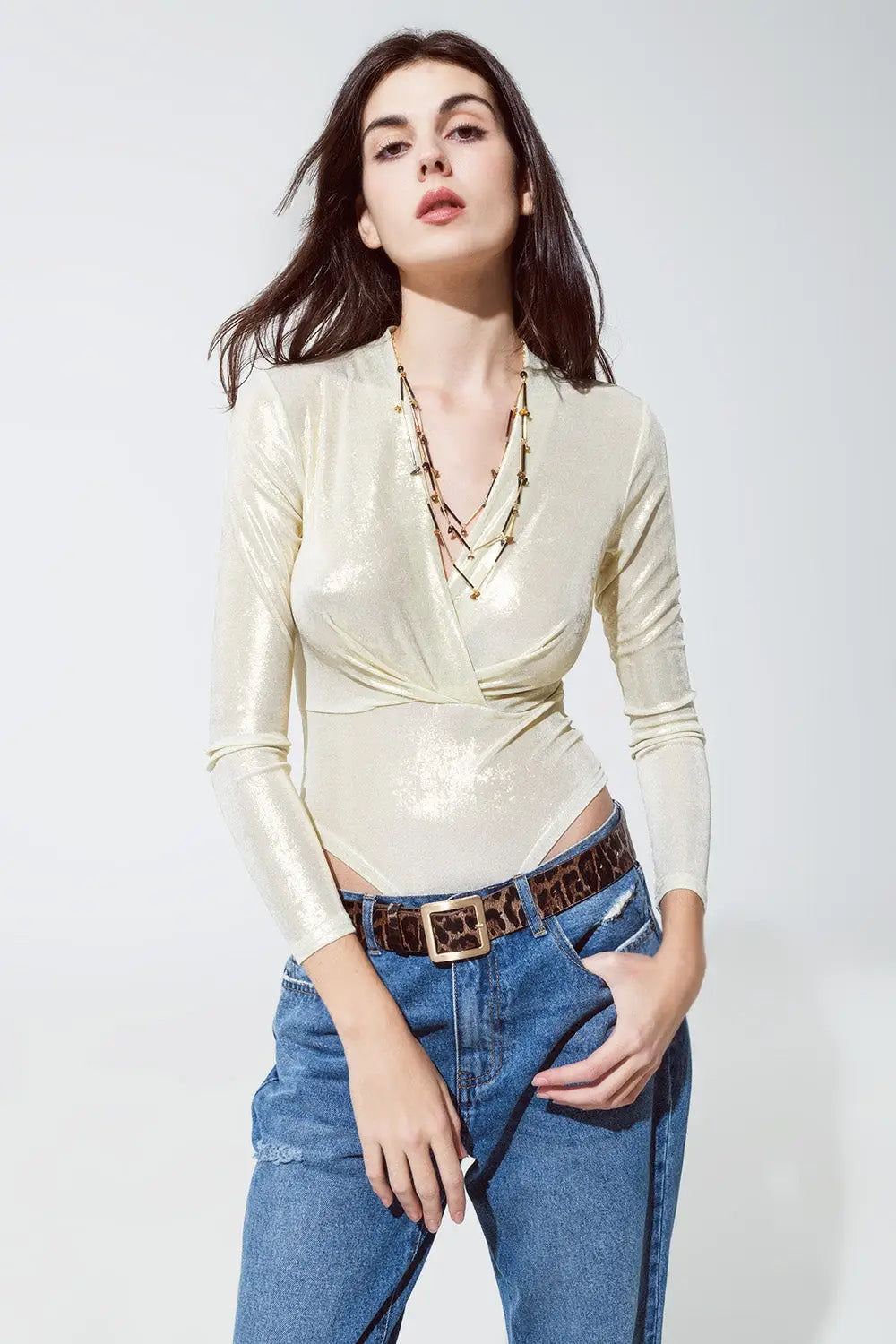 Metallic Finish Bodysuit With Draped Details In Pearl White - Tops