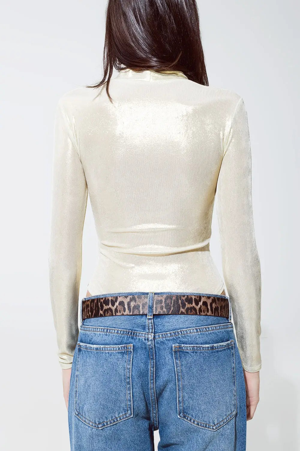 Metallic Finish Bodysuit With Draped Details In Pearl White - Tops