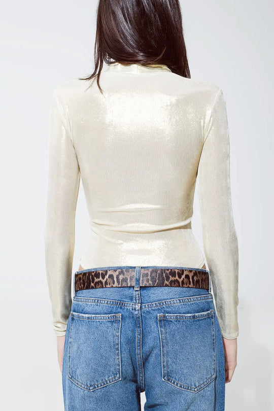 Metallic Finish Bodysuit With Draped Details In Pearl White - Tops
