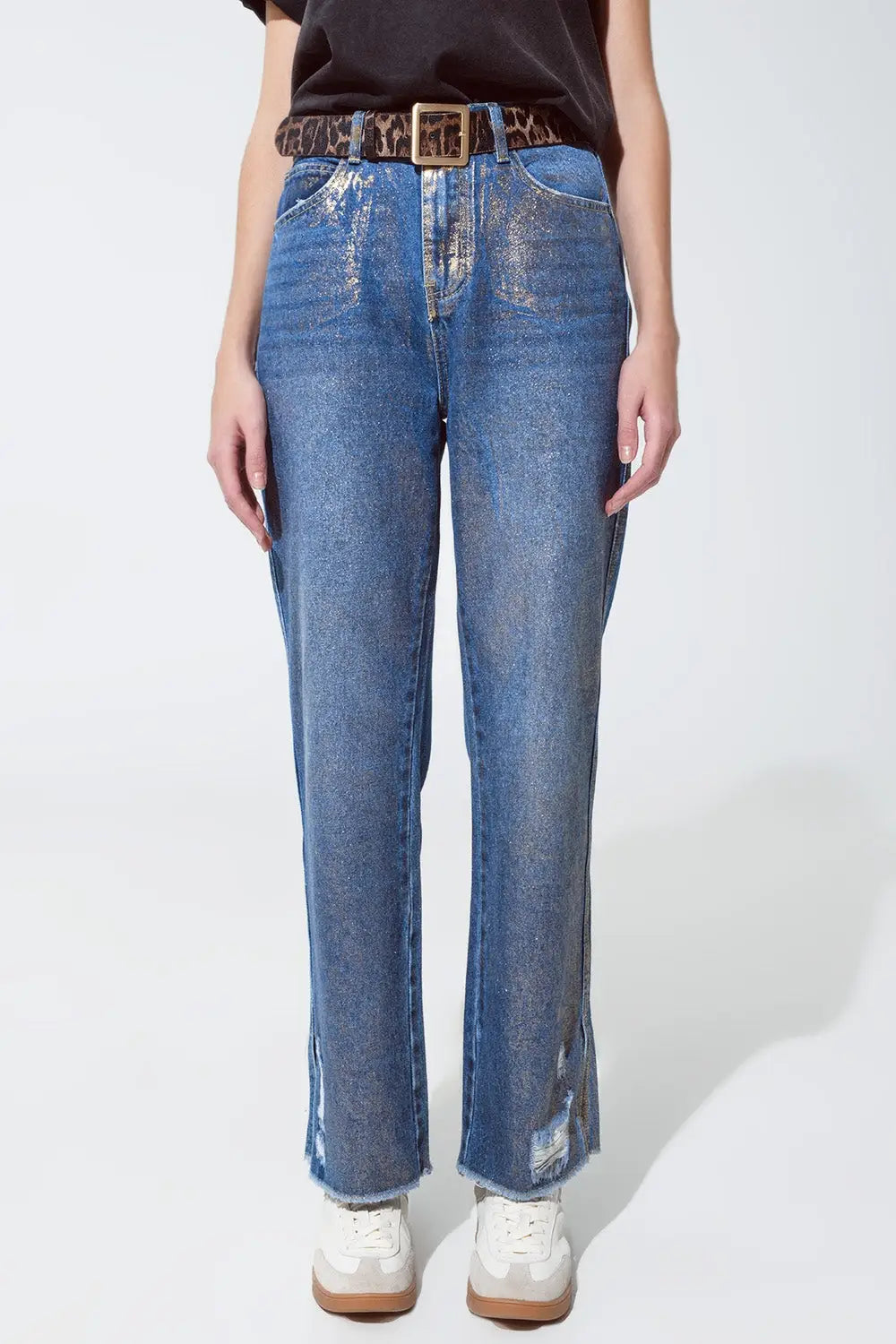 Straight leg ripped jeans with gold metallic glow