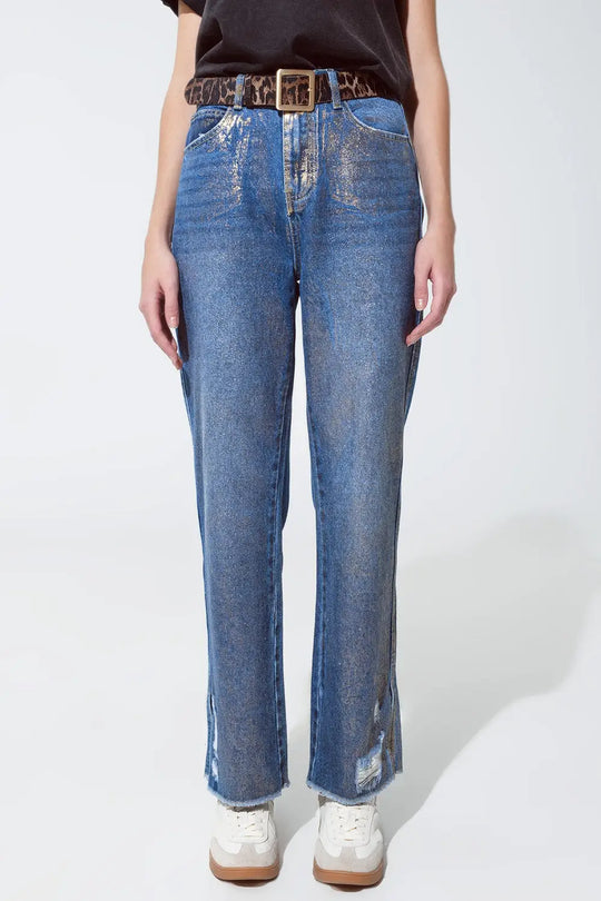 Straight leg ripped jeans with gold metallic glow