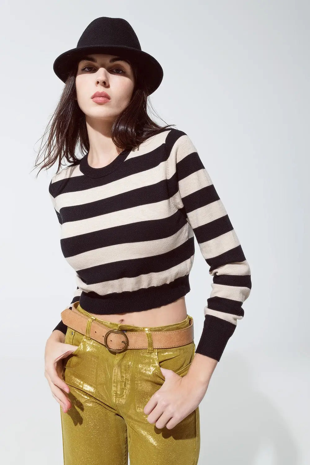 Crew Neckline Sweatshirt with Stripe Black and Beige Design - BEIGE / ONE - Sweaters