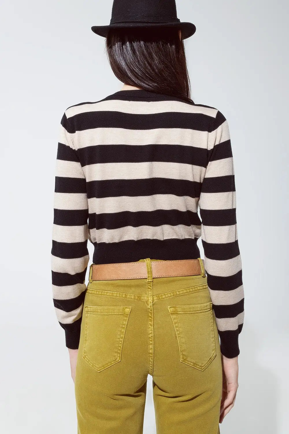 Crew Neckline Sweatshirt with Stripe Black and Beige Design - BEIGE / ONE - Sweaters