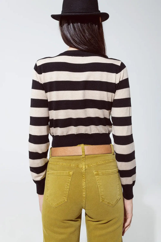 Crew Neckline Sweatshirt with Stripe Black and Beige Design - BEIGE / ONE - Sweaters