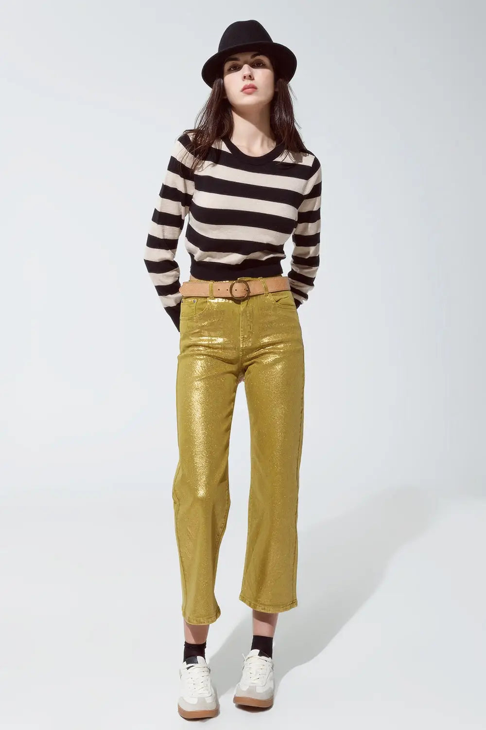Crew Neckline Sweatshirt with Stripe Black and Beige Design - BEIGE / ONE - Sweaters